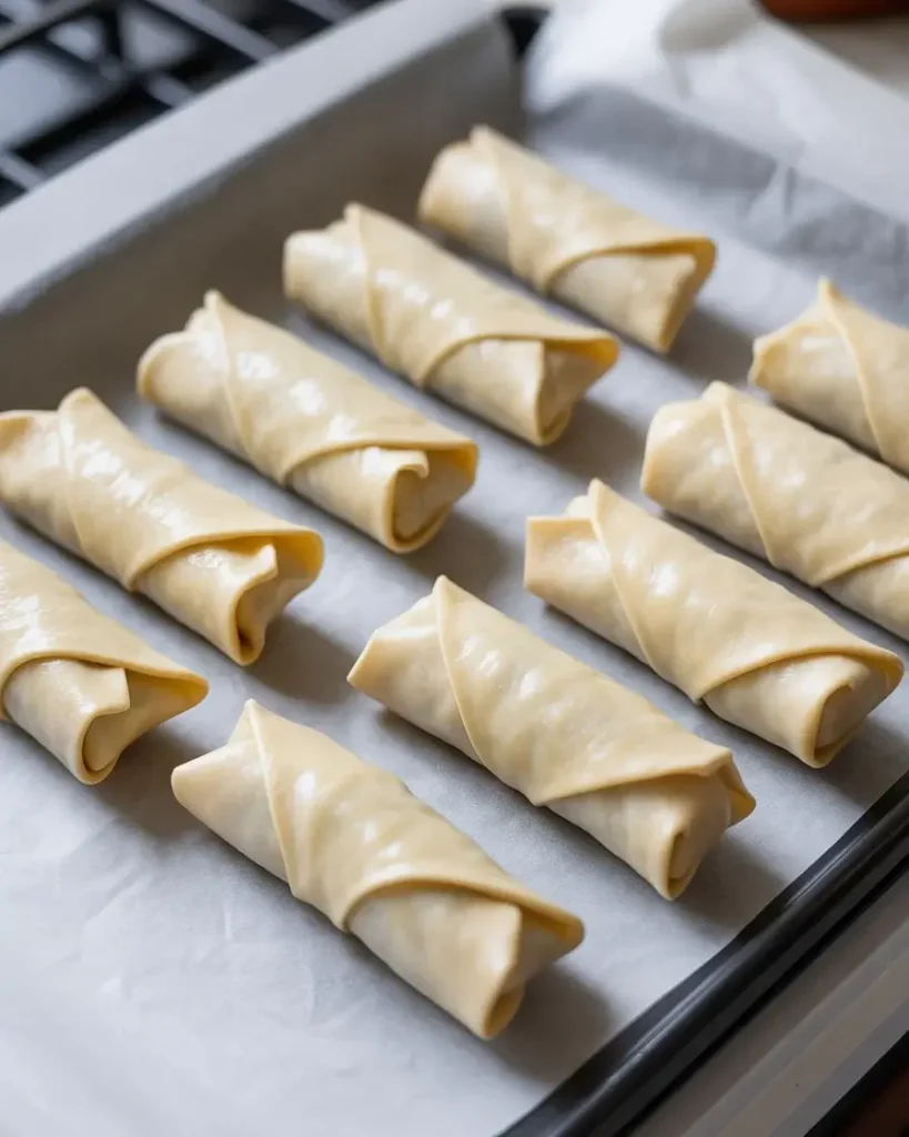 Chilling assembled egg rolls for 30 minutes prevents filling from bursting