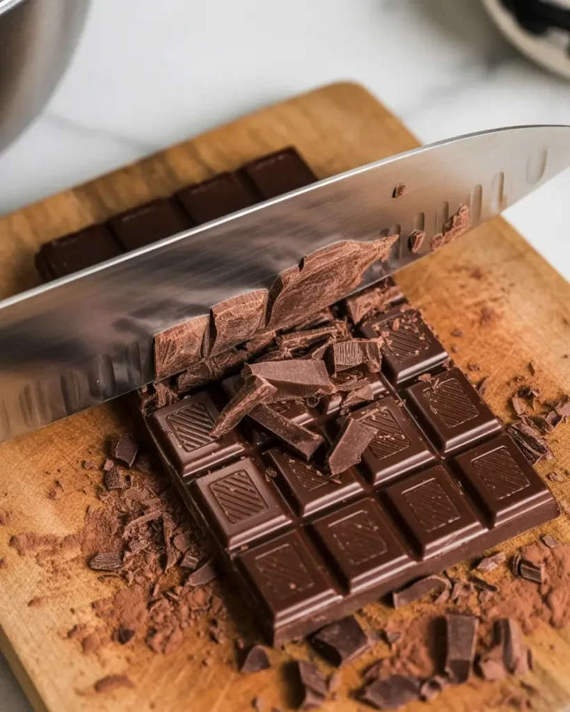 Chopping dark chocolate into uniform pieces for smooth ganache