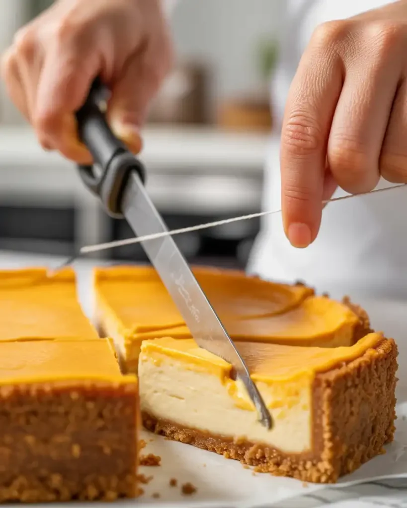 Dental floss creates the cleanest cuts through layered cheesecake bars