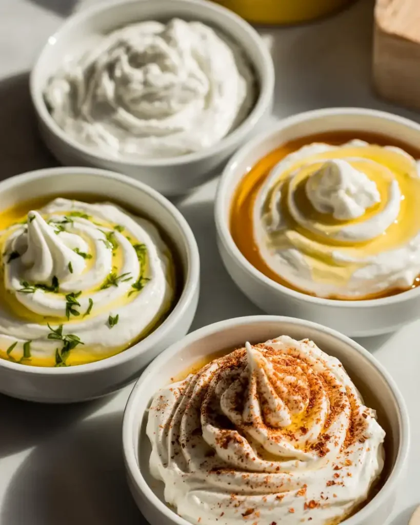 Different whipped ricotta flavor variations with herbs, honey, and spices