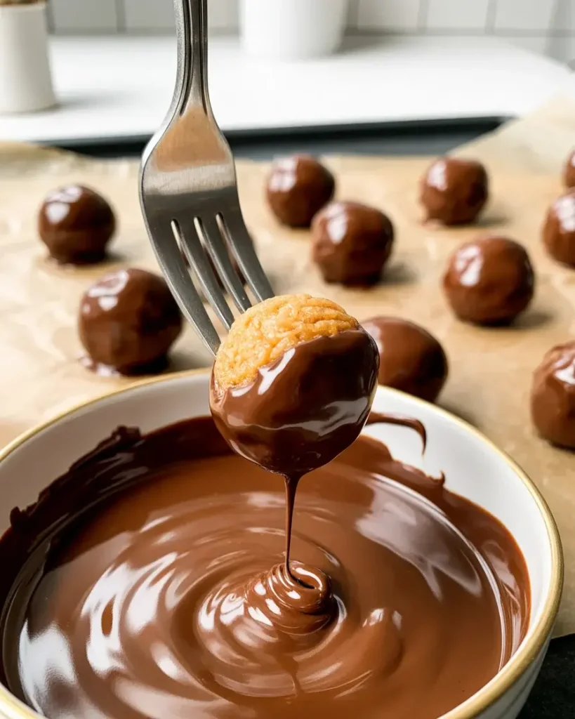 Dipping frozen Butterfinger balls in melted chocolate and tapping off excess coating