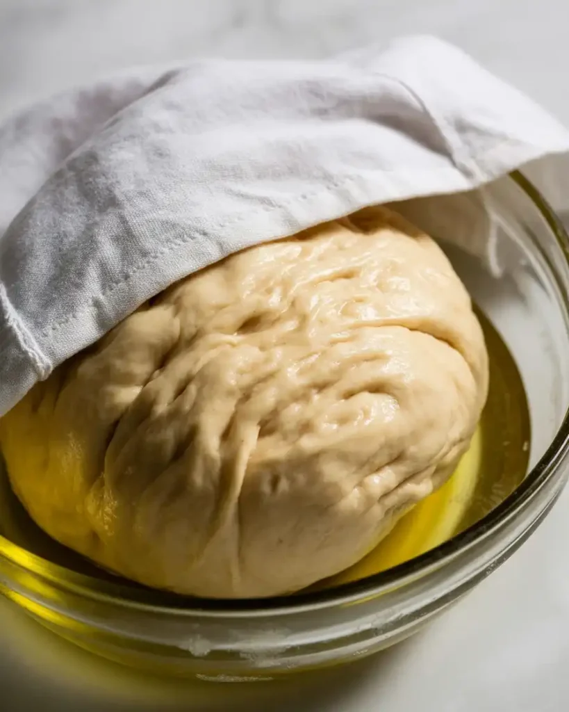Dough resting in an oiled bowl covered with a damp towel for 30-45 minutes