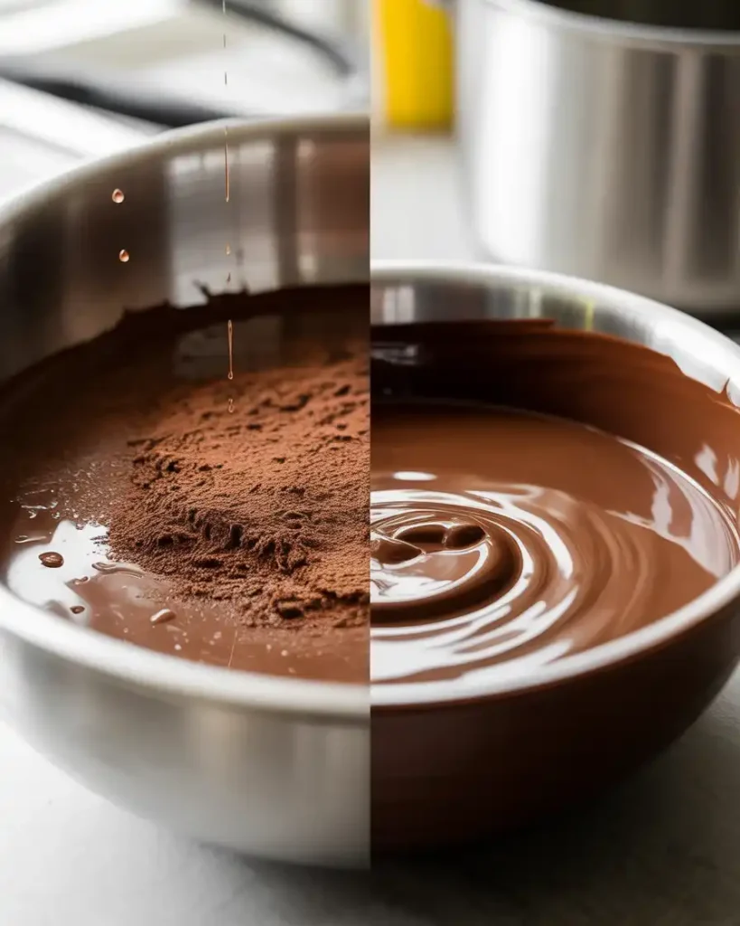 A bowl of seized grainy chocolate next to a bowl of smooth glossy melted chocolate for comparison, with water droplets visible near the seized chocolate, photographed in natural light with a clean kitchen background, side-by-side shot, sharp focus on the texture difference between seized and properly melted chocolate, ultra-realistic food photography, professional recipe blog quality