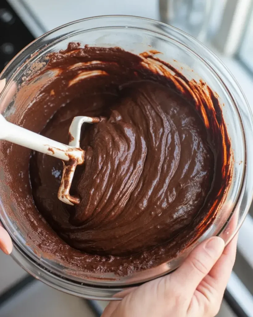 Rich chocolate cake batter mixed to perfect consistency without overmixing