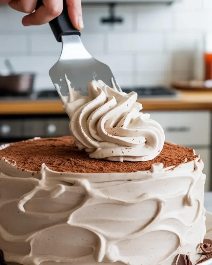 Finished mocha poke cake with swirled topping and chocolate shavings
