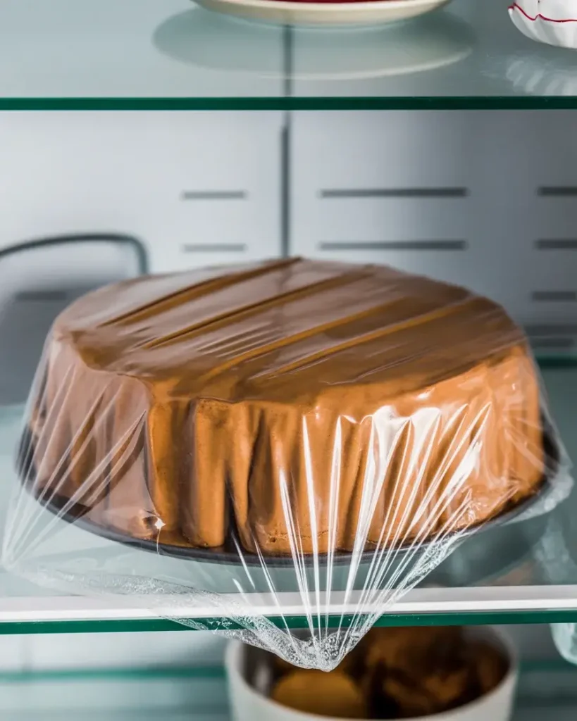 Properly wrapped mocha poke cake storing in refrigerator for make-ahead prep