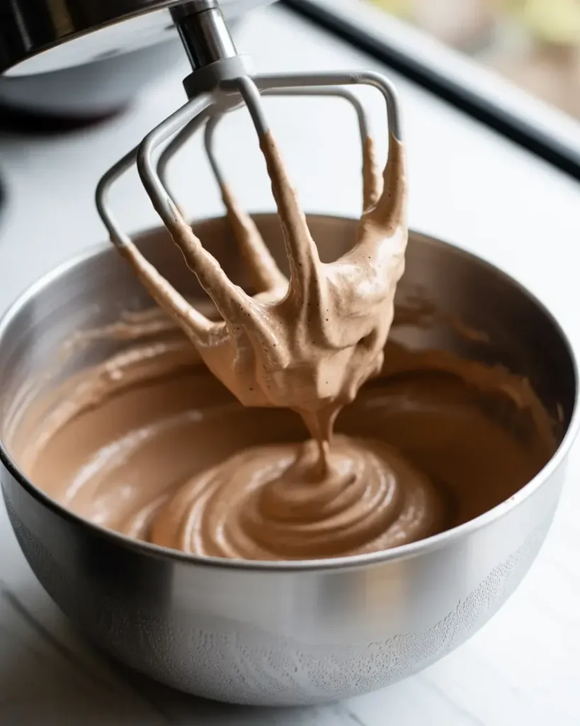  Properly whipped mocha topping at stiff peaks without overbeating