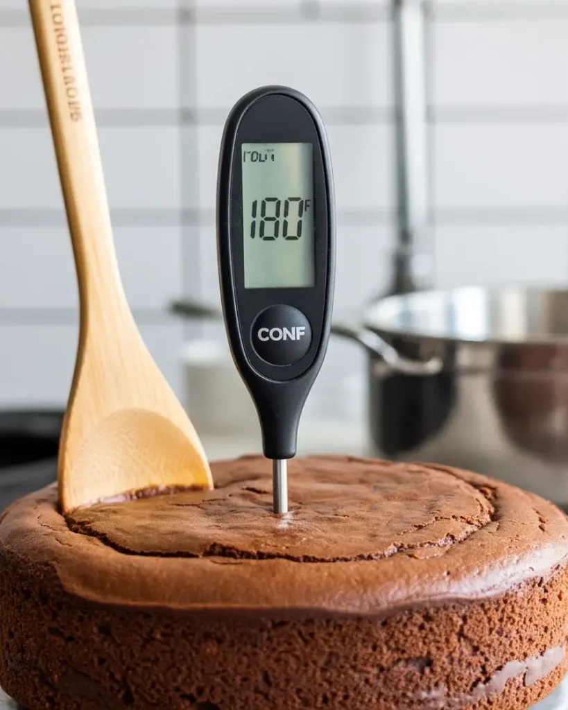 Checking cake temperature to ensure perfect timing for poke holes