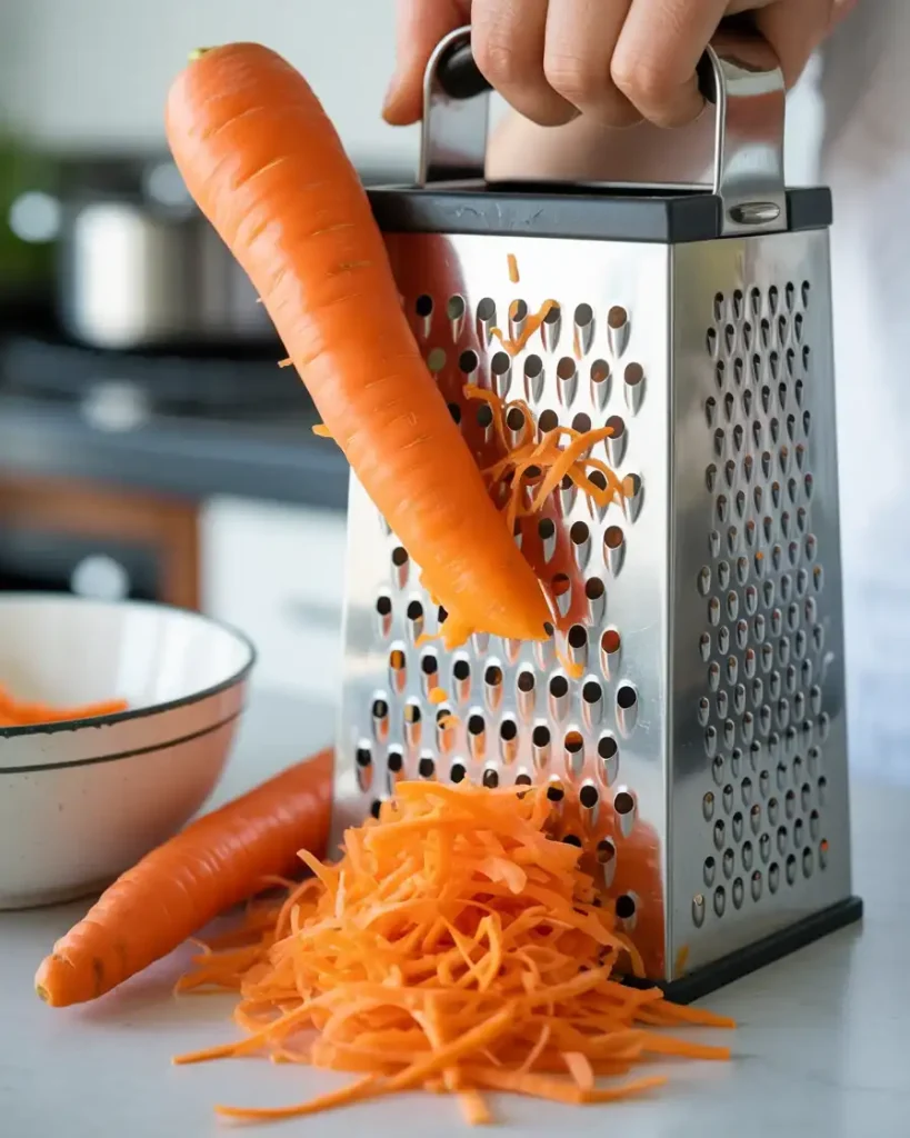 Finely grating carrots for even distribution and moisture in the cake