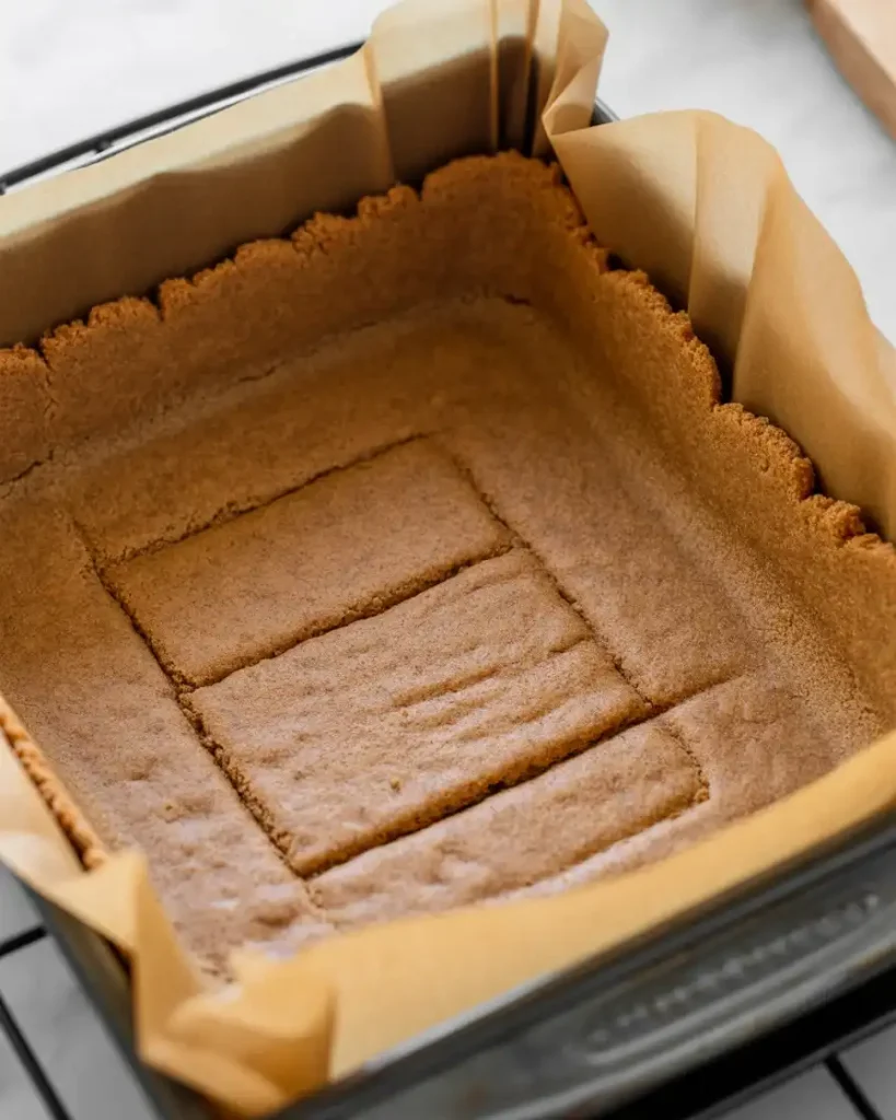 Firmly packed graham cracker crust ready for the cheesecake layer