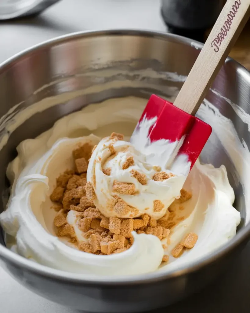 Folding crushed Butterfingers into fluffy cream cheese base until evenly combined