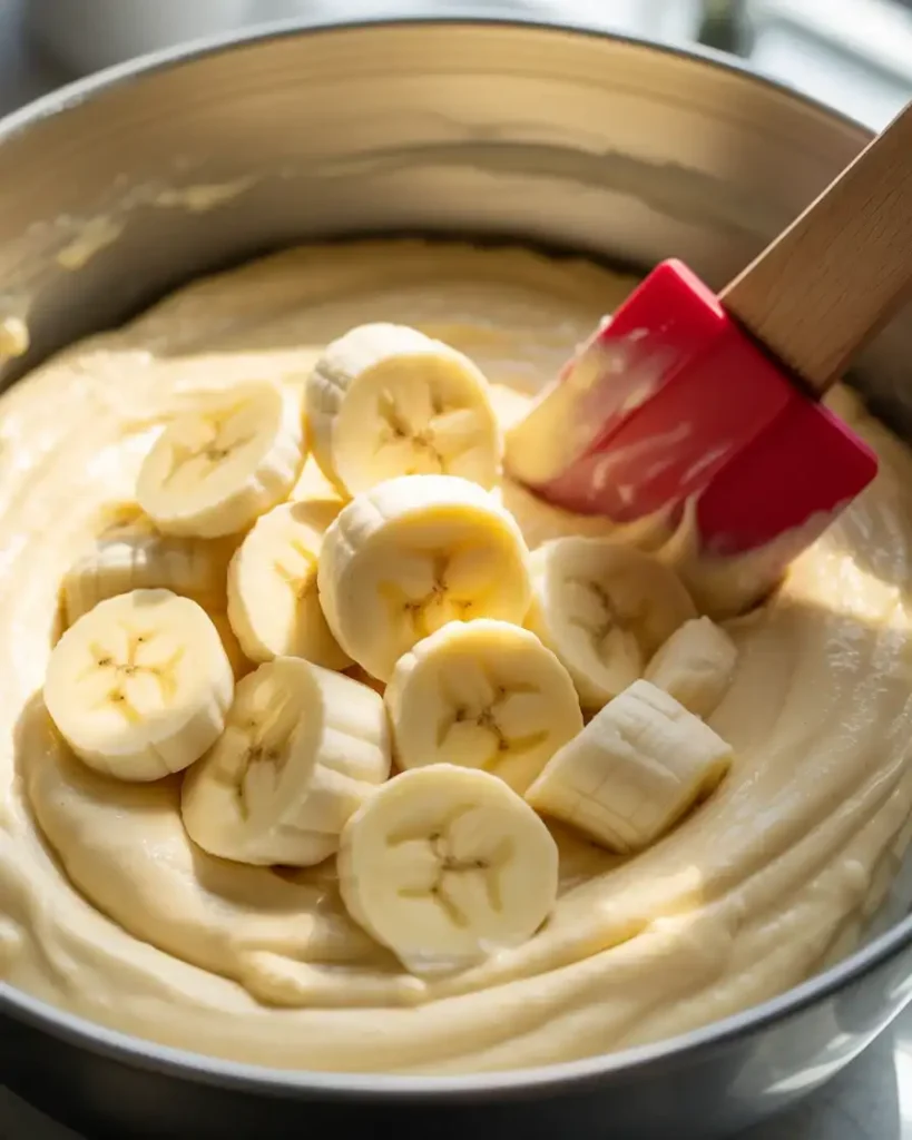 Folding fresh banana slices into the creamy cheesecake mixture