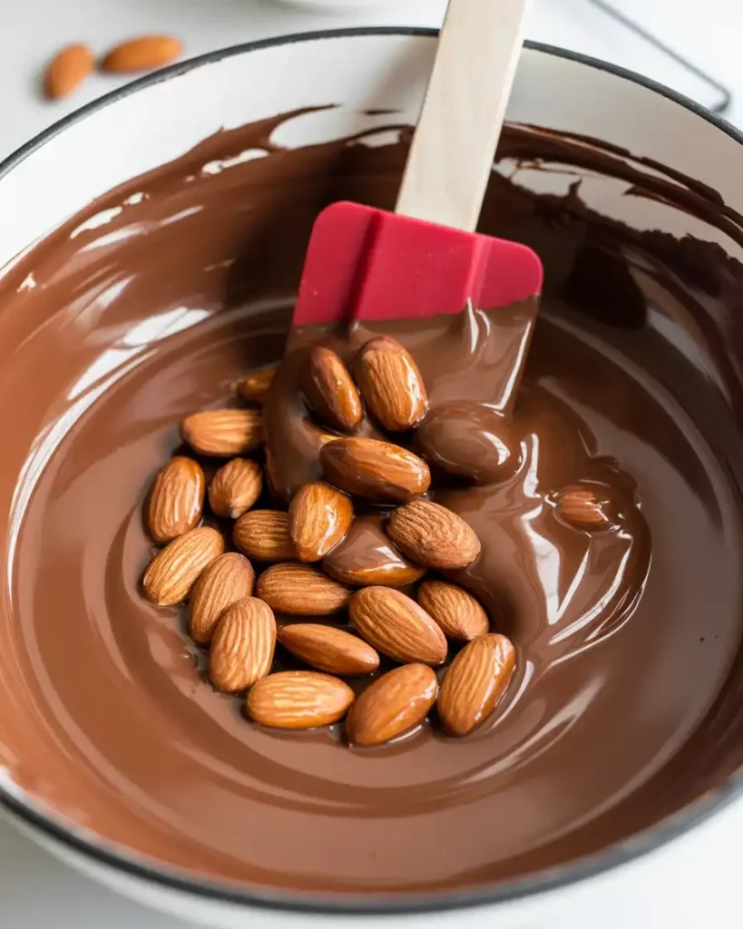 Folding toasted almonds into melted chocolate until fully coated and glossy