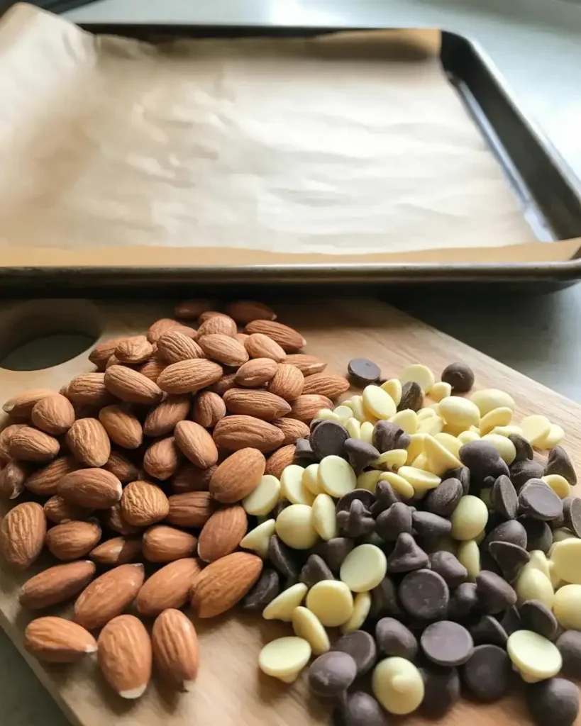 Fresh almonds and quality chocolate chips ready for easy almond bark preparation