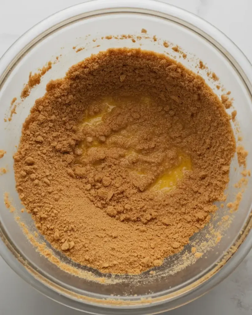 Graham cracker crust mixture ready to press into the pan