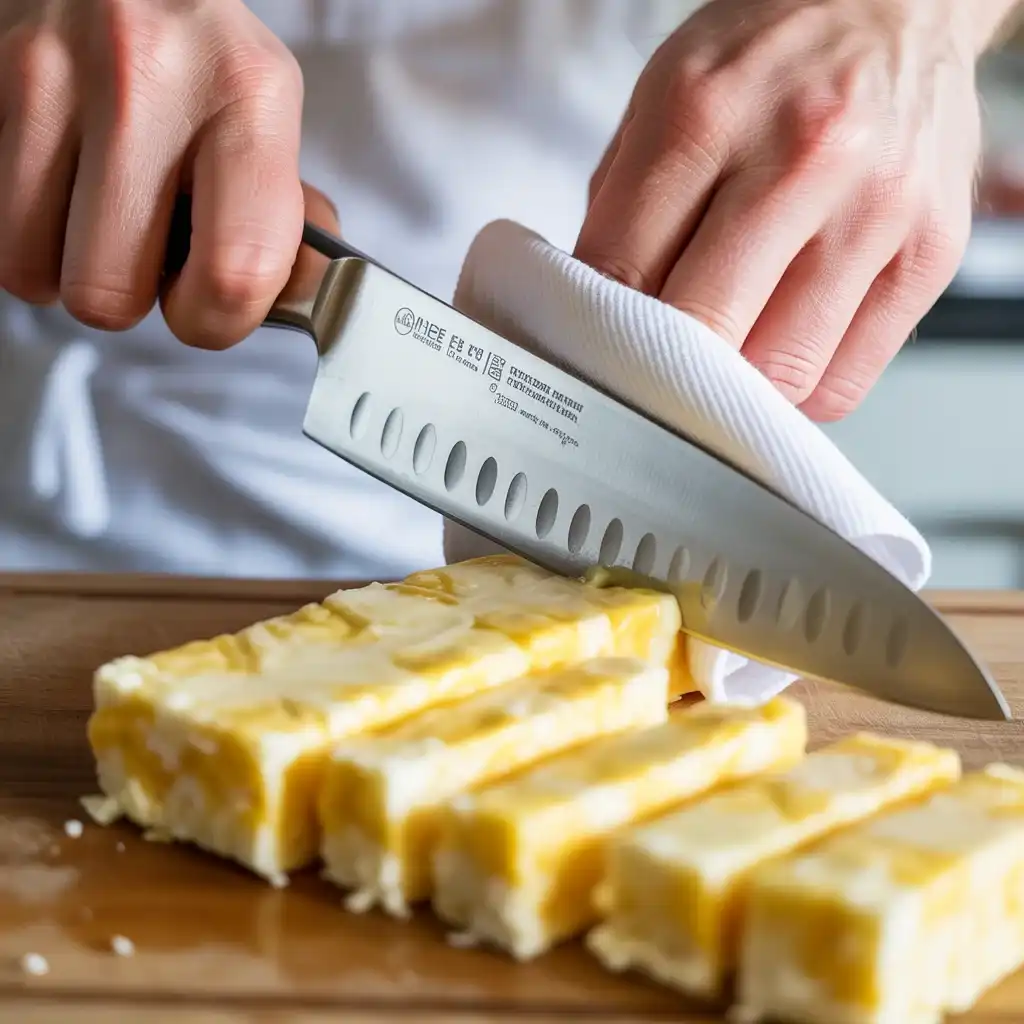 Wipe knife clean between cuts for professional-looking squares with neat edges