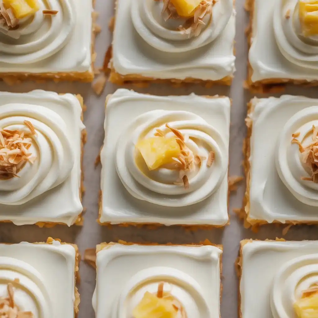 Spread frosting in swoops and garnish with toasted coconut and dried pineapple