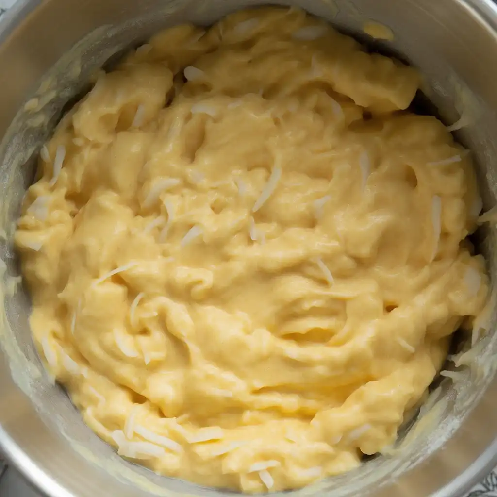 Filling should be thick but pourable with visible coconut and pineapple pieces