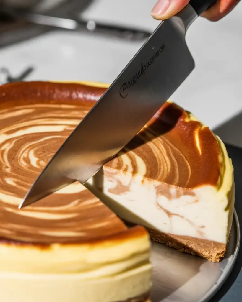 Hot knife method creates perfectly clean slices with beautiful swirl patterns