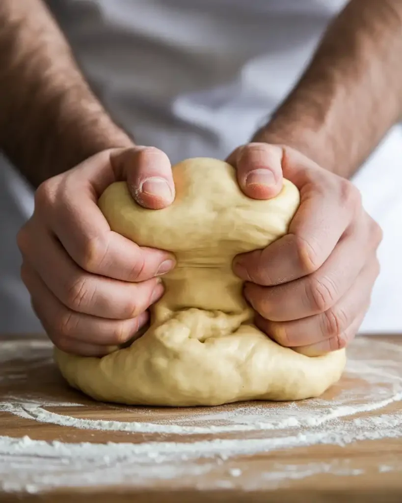 Kneading the dough until it becomes smooth and elastic to the touch