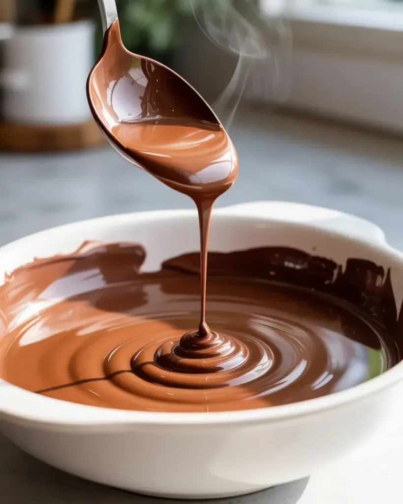 Melted chocolate at perfect dipping consistency flowing in smooth ribbons
