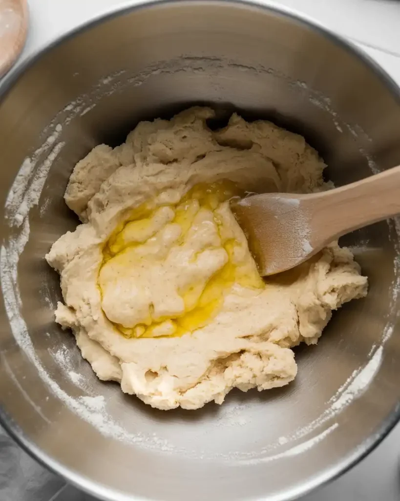 Mixing flour, butter, and egg until a shaggy dough forms in the bowl