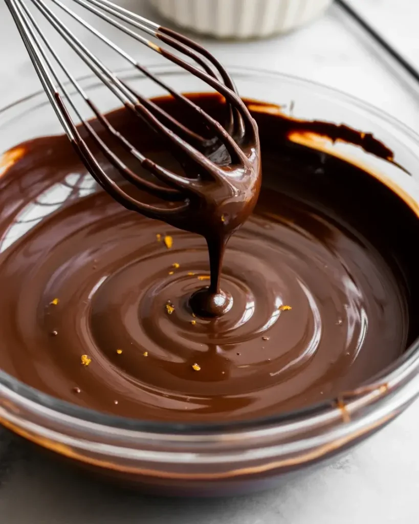 Silky orange-infused chocolate ganache ready for assembling the cake
