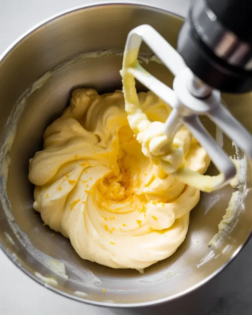 Creamed butter and sugar with fresh orange zest creating a light, fluffy base