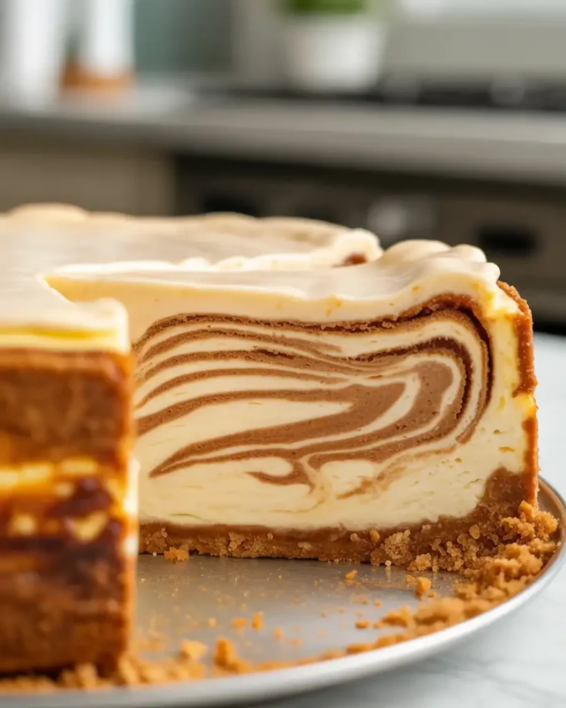 Perfect slice showing beautiful cinnamon swirls throughout the creamy cheesecake