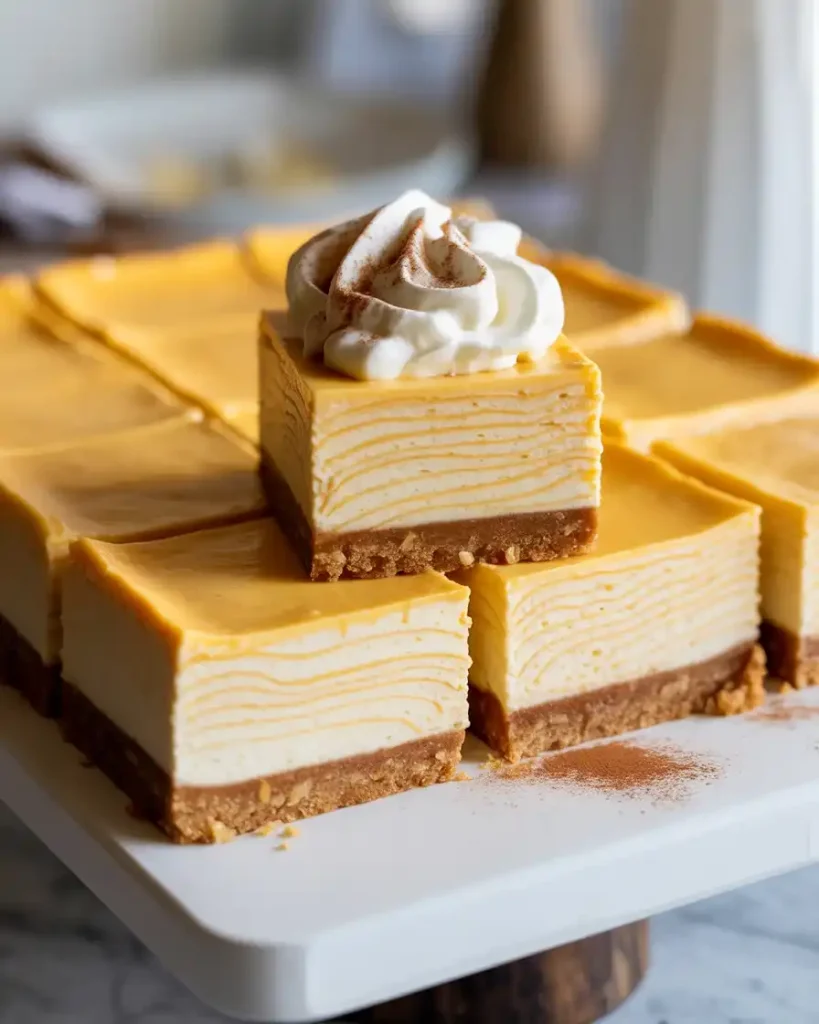 Perfectly cut pumpkin cheesecake bars showing beautiful swirled layers