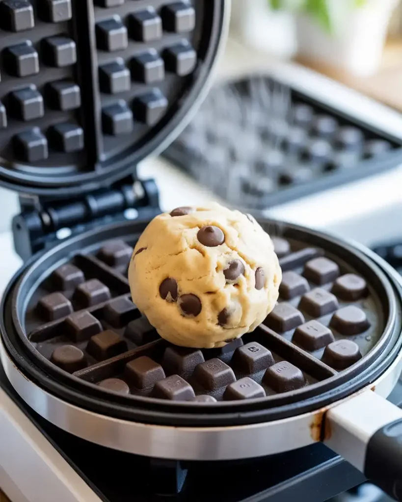 Placing cookie dough ball in the waffle iron before cooking