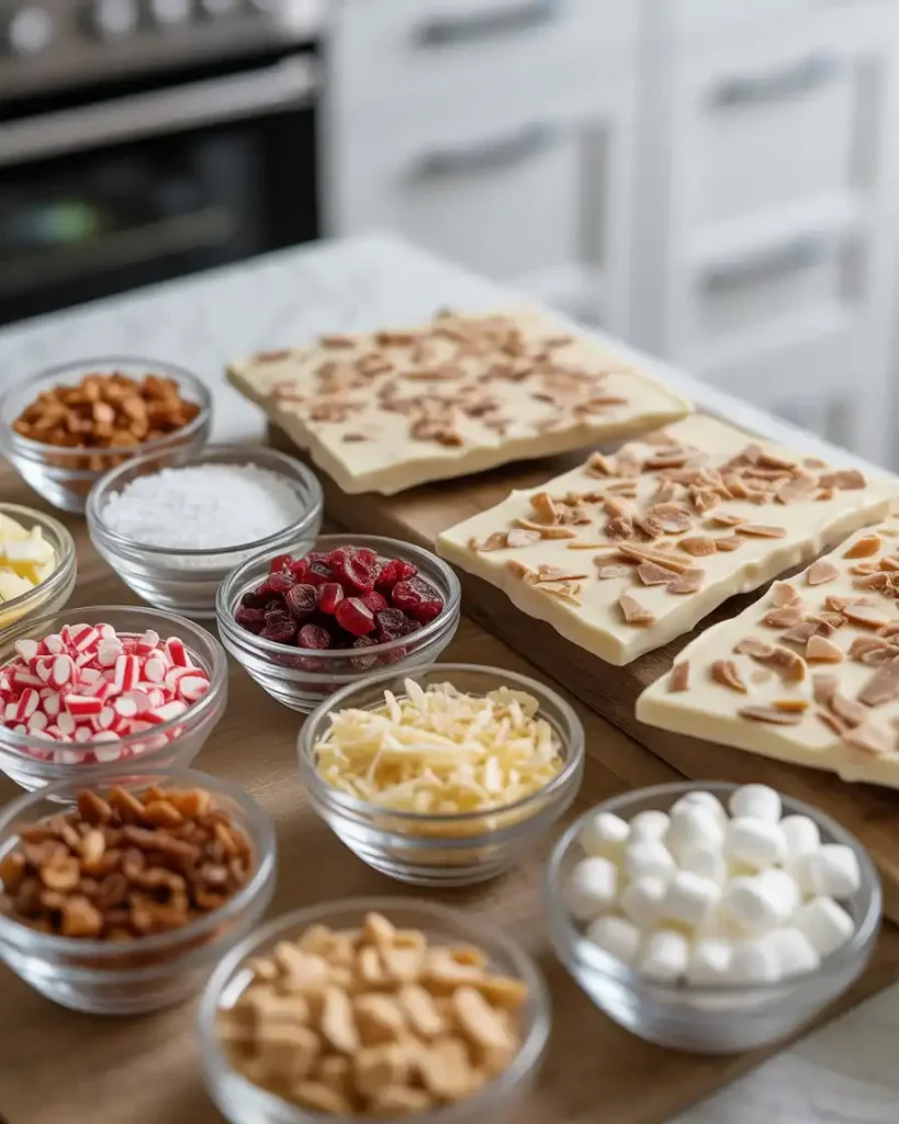 Popular topping options for almond bark including sea salt, candy canes, and dried fruit