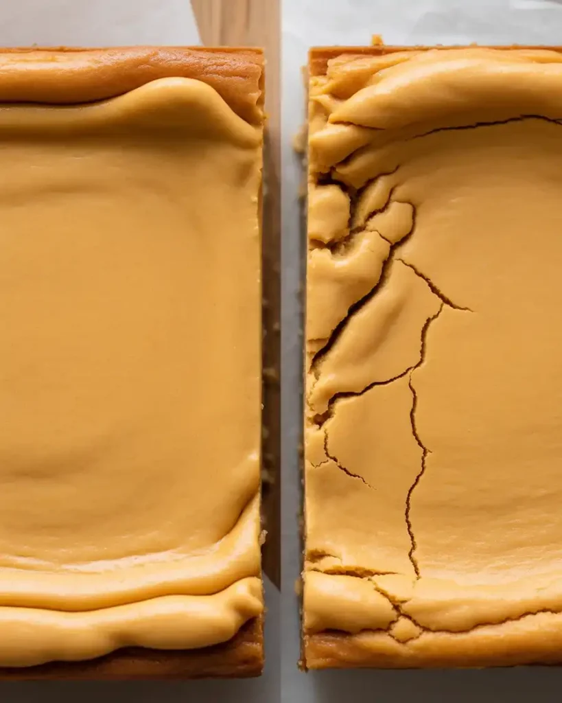 Proper baking technique prevents cracks and creates smooth cheesecake bars