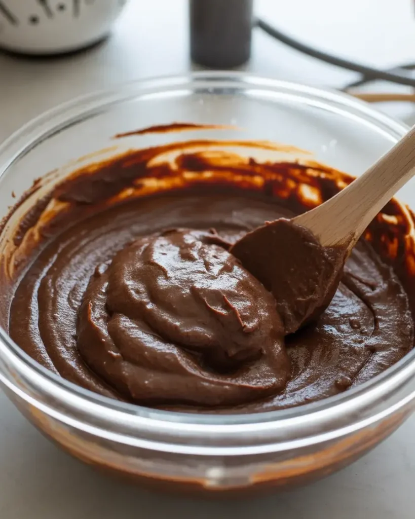 Properly mixed batter is thick and slightly lumpy like brownie batter