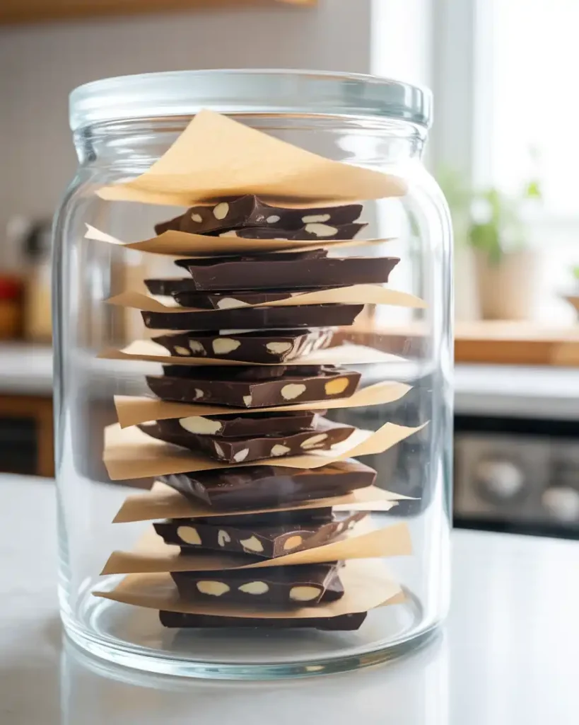 Properly stored almond bark in airtight container with parchment paper layers