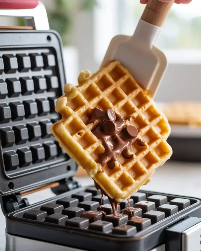 Removing the crispy cookie waffle from the iron with melted chocolate visible