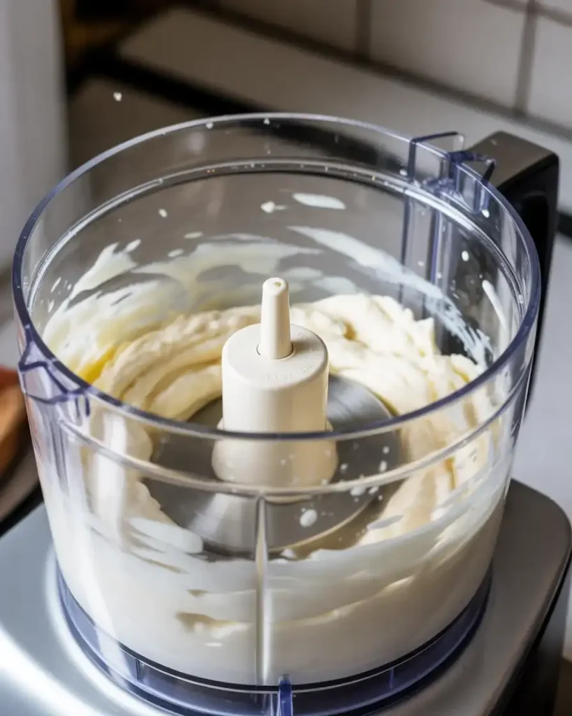Ricotta blending into silky smooth texture in the food processor