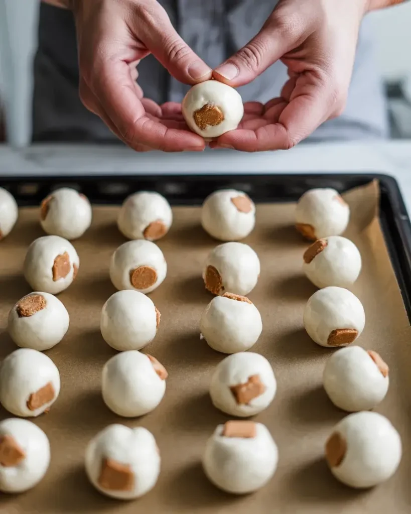 Rolling Butterfinger mixture into uniform balls with slightly damp hands