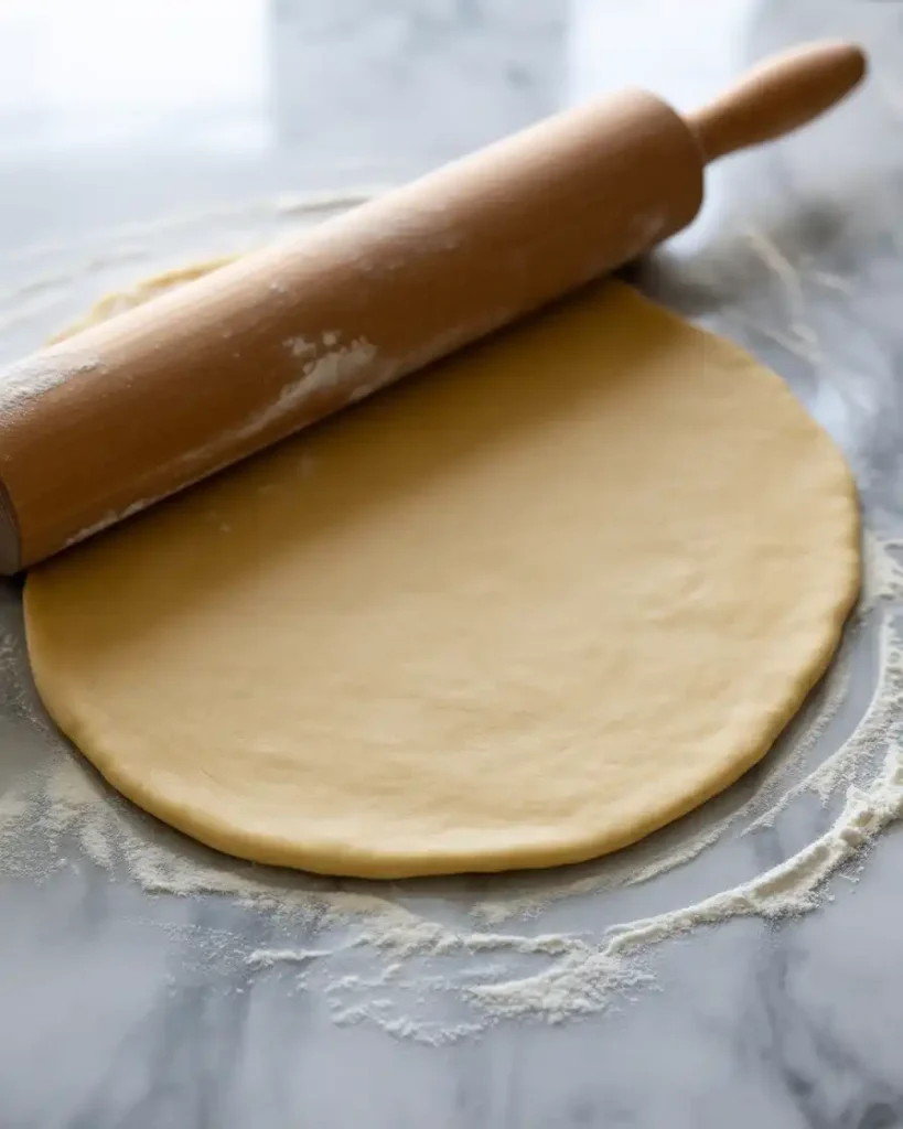  Rolling each dough portion into thin 8-inch circles for maximum crispiness