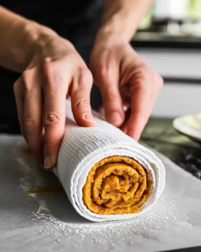 Rolling the warm cake with a powdered sugar-dusted towel to prevent cracking