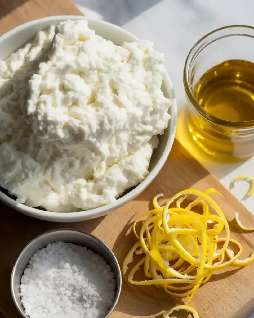 Room temperature ricotta with olive oil and seasonings ready for whipping