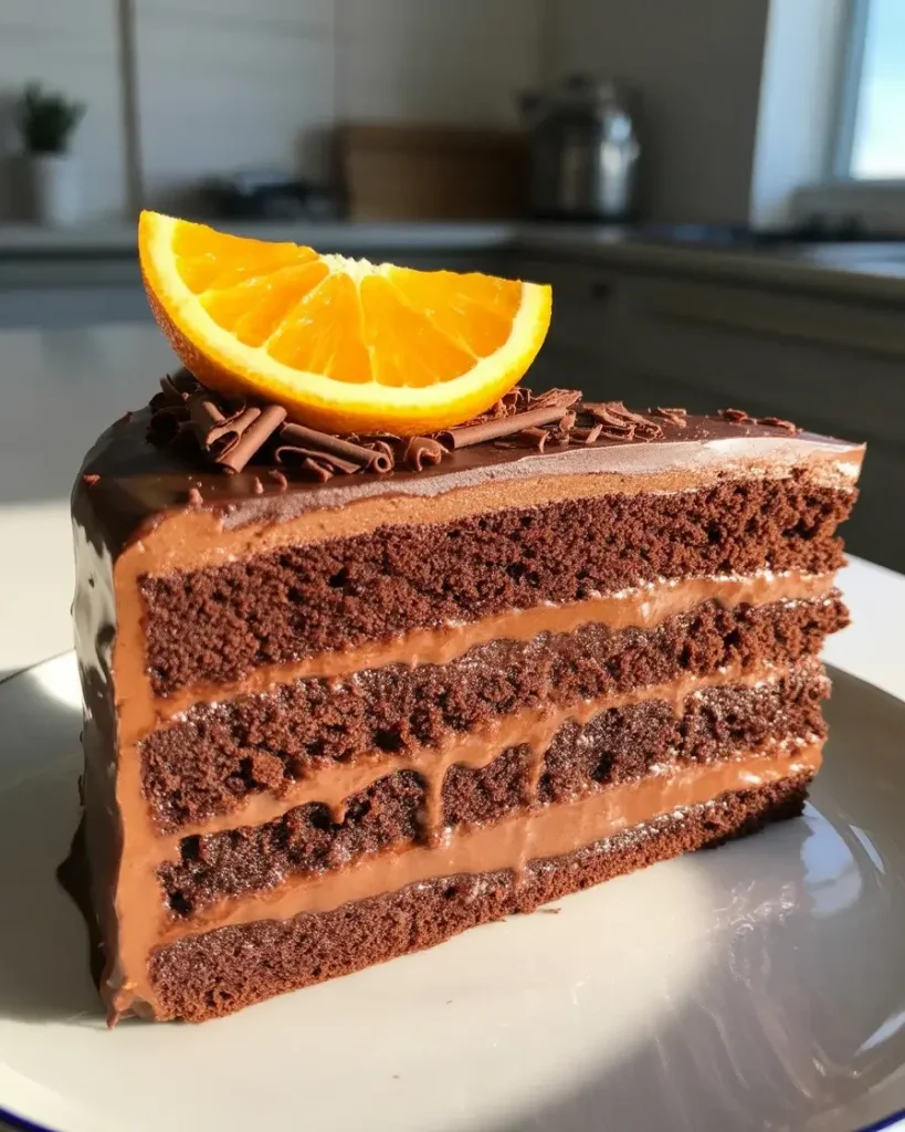 Perfect slice revealing moist layers and rich chocolate orange ganache