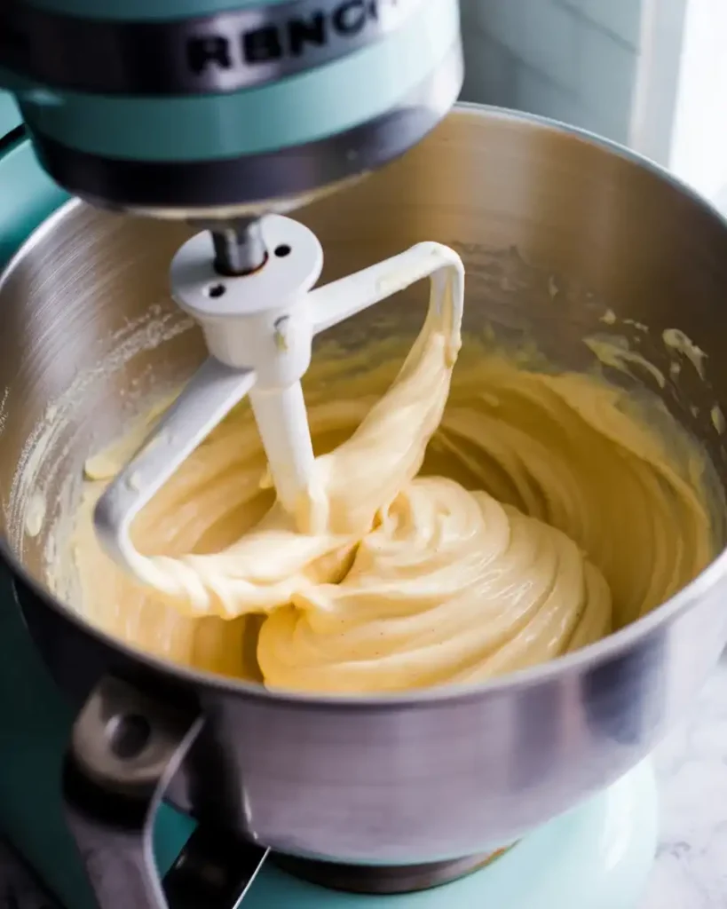 Smooth cream cheese batter with no lumps after proper beating
