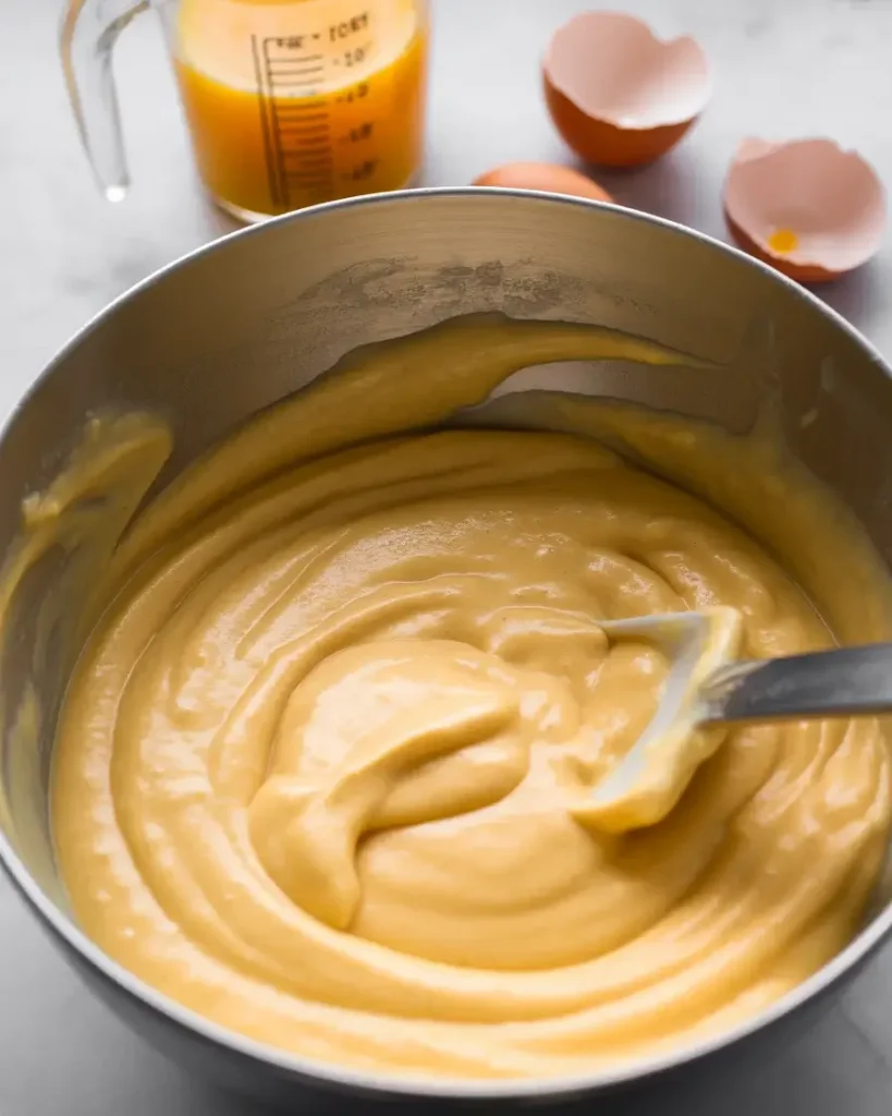 Wet ingredients combined into a smooth, citrus-infused batter