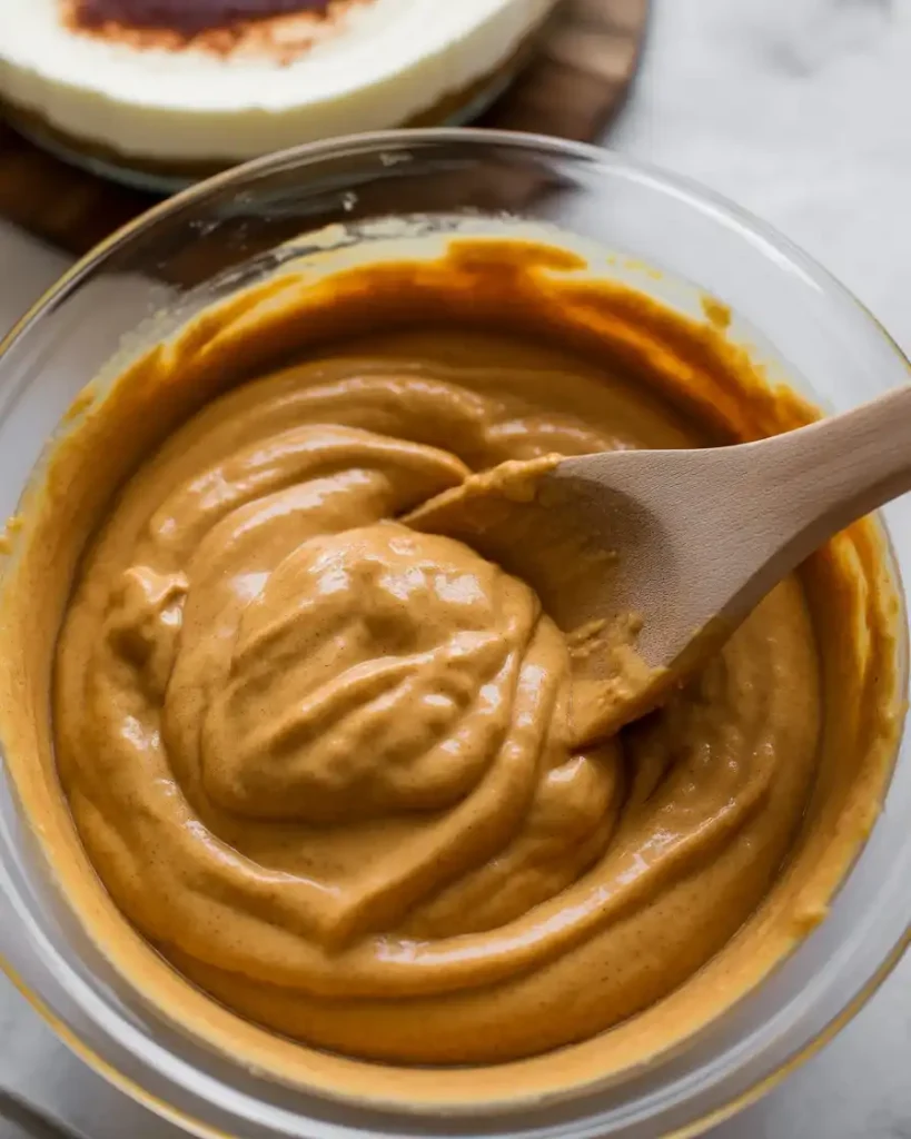 Spiced pumpkin layer with maple syrup ready to be layered with cream cheese
