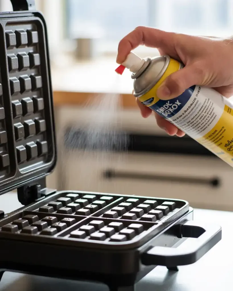 Spraying waffle iron with cooking spray to prevent cookie dough from sticking