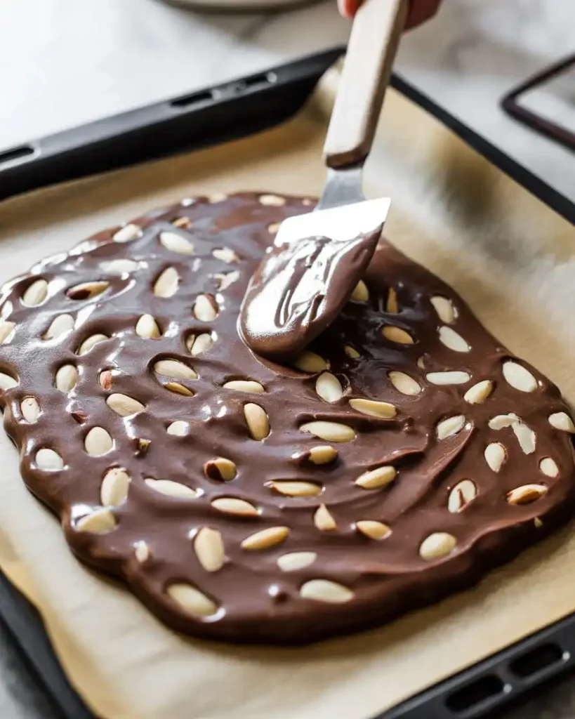  Spreading chocolate almond mixture into an even quarter-inch layer on parchment