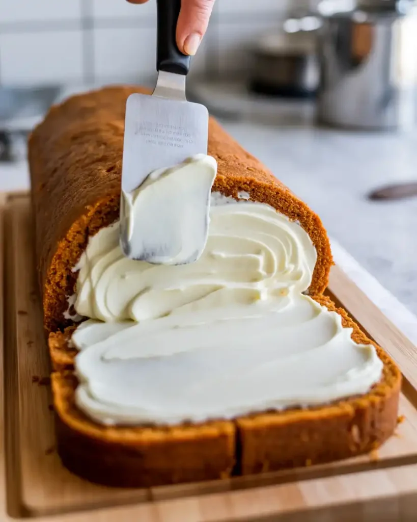Spreading cream cheese filling on the unrolled cake with a border around edges