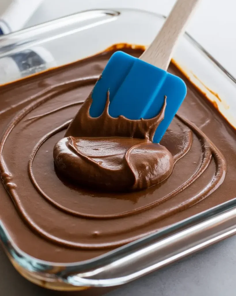 Spreading thick batter evenly ensures uniform fudge sauce formation