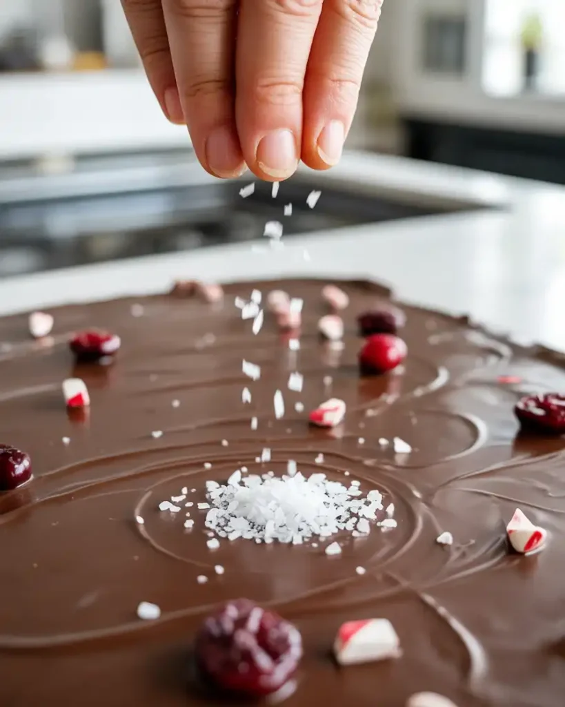 Sprinkling flaky sea salt and festive toppings on wet chocolate bark before setting